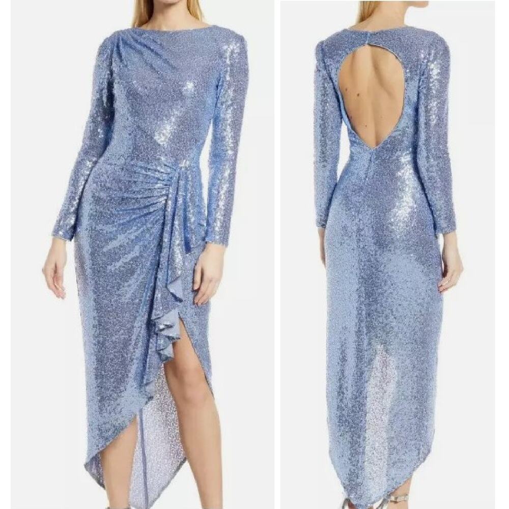 SHO TADASHI SHOJI Blue Sequin Formal Dress XL Backless Long Sleeve High Low